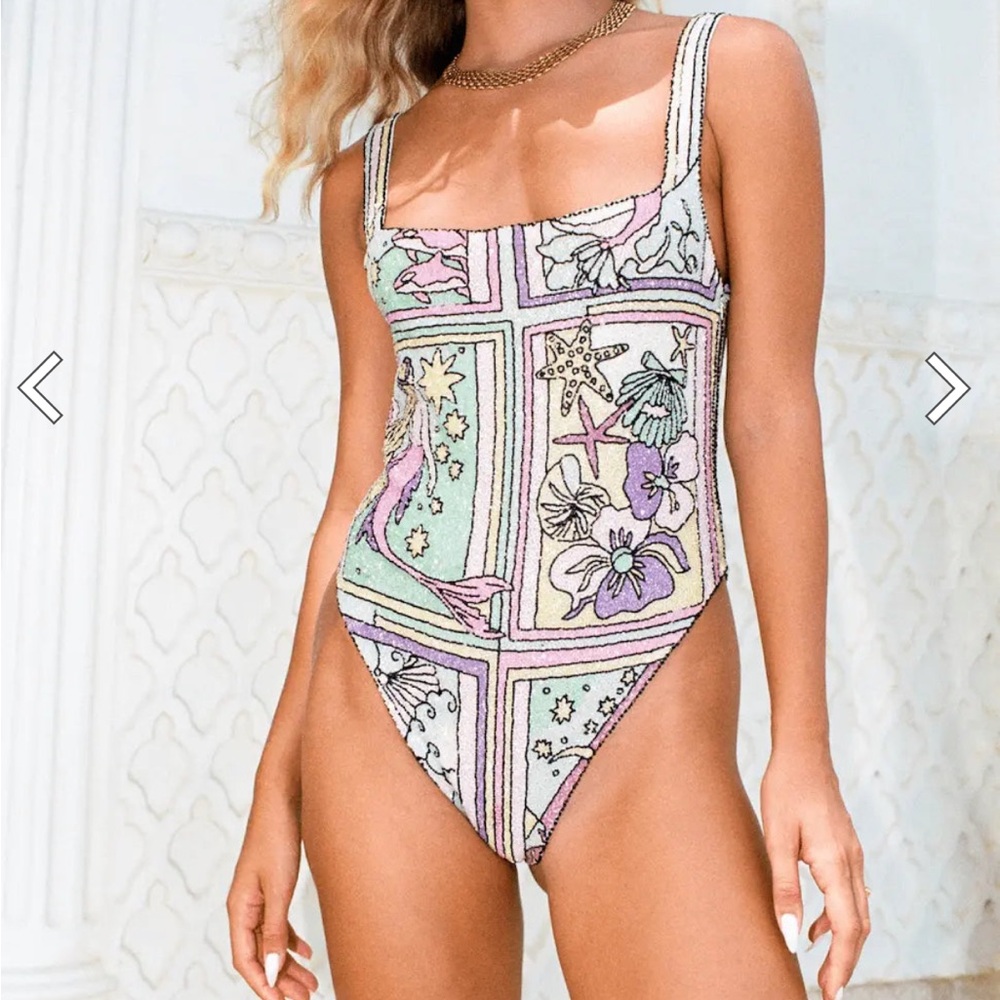 Oceanus Talia Hand Beaded Multi-Coloured Crystal Swimsuit in Pastel